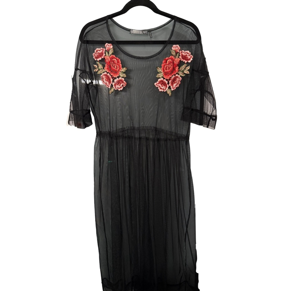 Potter’s Pot Black Sheer Mesh Dress Red Floral Embroidery Midi Presumed Size L